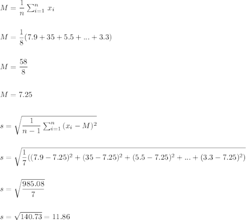 M=\dfrac{1}{n}\sum_{i=1}^n\,x_i\\\\\\M=\dfrac{1}{8}(7.9+35+5.5+. . .+3.3)\\\\\\M=\dfrac{58}{8}\\\\\\M=7.25\\\\\\s=\sqrt{\dfrac{1}{n-1}\sum_{i=1}^n\,(x_i-M)^2}\\\\\\s=\sqrt{\dfrac{1}{7}((7.9-7.25)^2+(35-7.25)^2+(5.5-7.25)^2+. . . +(3.3-7.25)^2)}\\\\\\s=\sqrt{\dfrac{985.08}{7}}\\\\\\s=\sqrt{140.73}=11.86\\\\\\