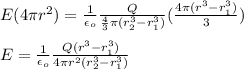 E(4\pi r^2)=\frac{1}{\epsilon_o}\frac{Q}{\frac{4}{3}\pi(r_2^3-r_1^3)}(\frac{4\pi (r^3-r_1^3)}{3})\\\\E=\frac{1}{\epsilon_o}\frac{Q(r^3-r_1^3)}{4\pi r^2(r_2^3-r_1^3)}