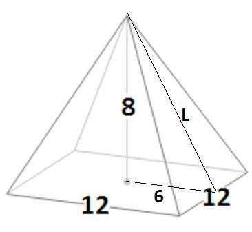 Find the lateral area of a regular square pyramid if the base edges are of length 12 and the perpend