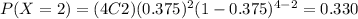 P(X=2)=(4C2)(0.375)^2 (1-0.375)^{4-2}=0.330