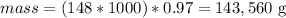 mass = (148*1000)*0.97 = 143,560 \text{ g}