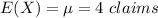 E(X)=\mu=4\ claims