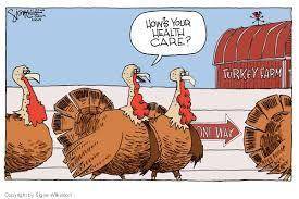 How does satire create meaning in this cartoon? The expressions on the turkeys' faces make it clear