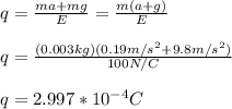 q=\frac{ma+mg}{E}=\frac{m(a+g)}{E}\\\\q=\frac{(0.003kg)(0.19m/s^2+9.8m/s^2)}{100N/C}\\\\q=2.997*10^{-4}C