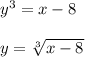 {y}^{3}  = x - 8 \\  \\ y =  \sqrt[3]{x - 8}