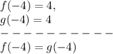 f( - 4 ) = 4,\\g( - 4 ) = 4\\----------\\f ( - 4 ) = g ( - 4 )