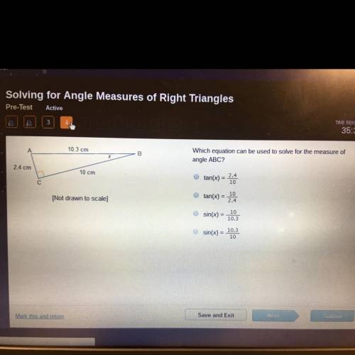 Which equation can be used to solve for the measure of angle ABC? tan(x) = tan(x) = sin(x) = sin(x)