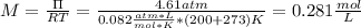 M=\frac{\Pi}{RT}=\frac{4.61atm}{0.082\frac{atm*L}{mol*K}*(200+273)K}=0.281\frac{mol}{L}