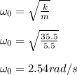 \omega_0 = \sqrt{\frac{k}{m} } \\\\\omega_0 = \sqrt{\frac{35.5}{5.5} } \\\\\omega_0 = 2.54 rad/s