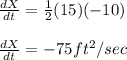 \frac{dX}{dt} =\frac12(15)(-10)\\\\\frac{dX}{dt}=-75 ft^2/sec