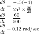\dfrac{d\theta}{dt} = \dfrac{-15(-4)}{25^2 \times  \frac{20}{25}}\\\dfrac{d\theta}{dt}=\dfrac{60}{500}\\\dfrac{d\theta}{dt}=0.12$ rad/sec