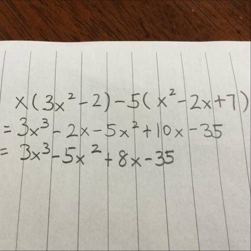 Simplify: $x(3x^2-2)-5(x^2-2x+7)$. Express your answer in the form $Ax^3+Bx^2+Cx+D.$