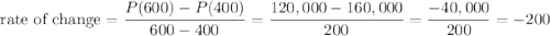 \text{rate of change}=\dfrac{P(600)-P(400)}{600-400}=\dfrac{120,000-160,000}{200}=\dfrac{-40,000}{200}=-200