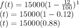 f(t)= 15000(1-\frac{12}{100} )^1\\\f(t)= 15000(1-0.12 )\\\f(t)= 15000(0.88)