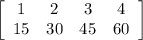 \left[\begin{array}{cccc}1&2&3&4\\15&30&45&60\\\end{array}\right]