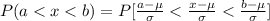 P(a < x < b) =  P[ \frac{a -\mu}{\sigma } } <  \frac{x- \mu}{\sigma} < \frac{b - \mu }{\sigma }  ]