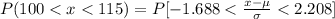 P(100 < x < 115) =  P[ -1.688<  \frac{x- \mu}{\sigma} < 2.208 ]