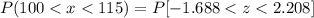 P(100 < x < 115) =  P[ -1.688< z < 2.208 ]