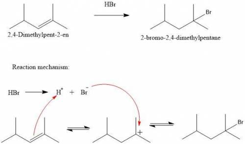 2,4-Dimethylpent-2-ene undergoes an electrophilic addition reaction in the presence of HBr to form 2