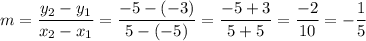 m=\dfrac{y_2-y_1}{x_2-x_1}=\dfrac{-5-(-3)}{5-(-5)}=\dfrac{-5+3}{5+5}=\dfrac{-2}{10}=-\dfrac15