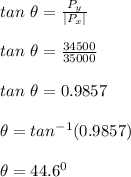 tan \ \theta = \frac{P_y}{|P_x|} \\\\tan \ \theta = \frac{34500}{35000} \\\\tan \ \theta = 0.9857\\\\\theta = tan^{-1} (0.9857)\\\\\theta = 44.6^0