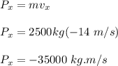 P_x = mv_x\\\\P_x = 2500kg(-14 \ m/s)\\\\P_x = -35000 \ kg.m/s