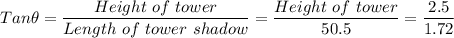 Tan\theta = \dfrac{Height \ of \ tower}{Length \ of \ tower \  shadow} =\dfrac{Height \ of \ tower }{50.5} = \dfrac{2.5}{1.72}