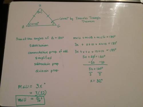 Triangle  bug is isosceles. m< b= x+10 and m< u= 3x. find m< u.