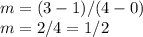 m = (3 - 1)/(4 - 0)\\m = 2/4=1/2