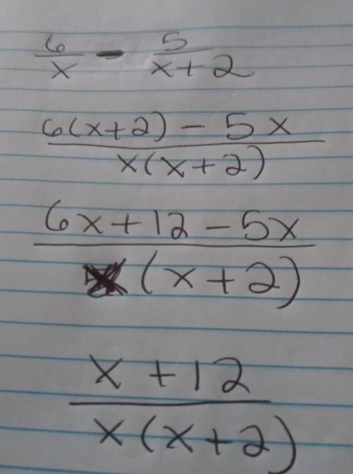 What is the difference of the rational expressions below?

 
6/x - 5x/x+2
A.
5x + 6
2
O 
B. 5x + 6x