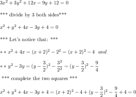 3x^2+3y^2+12x-9y+12=0\\\\\text{*** divide by 3 both sides***}\\\\x^2+y^2+4x-3y+4=0\\\\\text{*** Let's notice that: ***}\\\\*** \ x^2+4x=(x+2)^2-2^2=(x+2)^2-4 \ \ and \\\\*** \ y^2-3y=(y-\dfrac{3}{2})^2-\dfrac{3^2}{2^2}=(y-\dfrac{3}{2})^2-\dfrac{9}{4}\\\\\text{ *** complete the two squares ***}\\\\x^2+y^2+4x-3y+4=(x+2)^2-4+(y-\dfrac{3}{2})^2-\dfrac{9}{4}+4=0