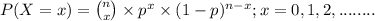 P(X = x) = \binom{n}{x} \times p^{x} \times (1-p)^{n-x} ; x = 0,1,2,........