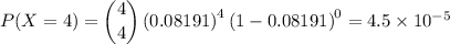 P(X = 4) = \dbinom{4}{4} \left (0.08191\right )^{4}\left (1-0.08191  \right )^{0} = 4.5 \times 10^{-5}