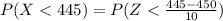 P(X  <  445  ) =  P (Z  < \frac{445  -  450 }{10}  )