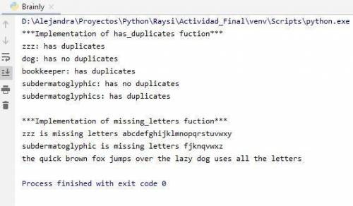 Start with the following Python code. alphabet =  test_dups = [zzz,dog,bookkeeper,subdermat