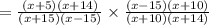 =  \frac{(x + 5)(x + 14)}{(x + 15)(x - 15)}  \times  \frac{(x - 15)(x + 10)}{(x  + 10)(x + 14)}