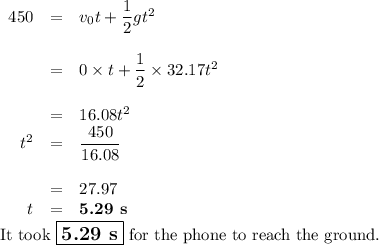 \begin{array}{rcl}450 &=& v_{0}t + \dfrac{1}{2}gt^{2}\\\\& = & 0 \times t + \dfrac{1}{2}\times 32.17t^{2}\\\\& = & 16.08t^2\\t^{2}& = & \dfrac{450}{16.08}\\\\& = & 27.97\\t & = & \textbf{5.29 s}\\\end{array}\\\text{It took $\large \boxed{\textbf{5.29 s}}$ for the phone to reach the ground.}