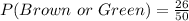 P(Brown\ or\ Green) = \frac{26}{50}