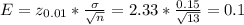 E=z_{0.01}*\frac{\sigma}{\sqrt{n} } = 2.33*\frac{0.15}{\sqrt{13} }=0.1\\