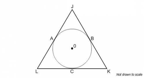 10.

J
A
B
0
L
с
K
Not drawn to scale
JK, KL, and are all tangent to circle O. JA = 9, AL = 10, and