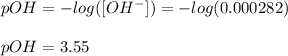 pOH=-log([OH^-])=-log(0.000282)\\\\pOH=3.55