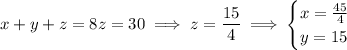 x+y+z=8z=30\implies z=\dfrac{15}4\implies\begin{cases}x=\frac{45}4\\y=15\end{cases}