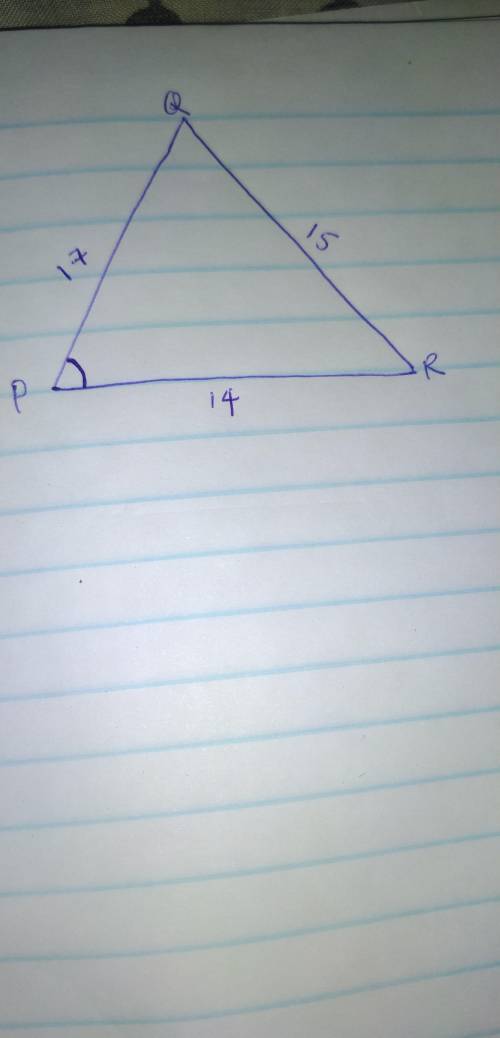 Triangle P Q R is shown. The length of P Q is 17, the length of Q R is 15, and the length of P R is