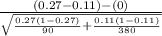 \frac{(0.27-0.11)-(0)}{\sqrt{\frac{0.27(1-0.27)}{90}+\frac{0.11(1-0.11)}{380} } }