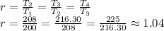 r =\frac{T_2}{T_1}= \frac{T_3}{T_2}= \frac{T_4}{T_3}\\ r =\frac{208}{200}= \frac{216.30}{208}= \frac{225}{216.30} \approx 1.04
