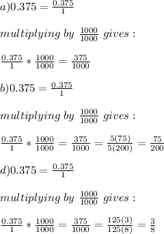 a)0.375=\frac{0.375}{1} \\ \\multiplying\ by\ \frac{1000}{1000}\ gives:\\\\\frac{0.375}{1}*\frac{1000}{1000}=  \frac{375}{1000}\\\\ b) 0.375=\frac{0.375}{1} \\ \\multiplying\ by\ \frac{1000}{1000}\ gives:\\\\\frac{0.375}{1}*\frac{1000}{1000}=  \frac{375}{1000}=\frac{5(75)}{5(200)} =\frac{75}{200} \\\\d) 0.375=\frac{0.375}{1} \\ \\multiplying\ by\ \frac{1000}{1000}\ gives:\\\\\frac{0.375}{1}*\frac{1000}{1000}=  \frac{375}{1000}=\frac{125(3)}{125(8)}=\frac{3}{8} \\