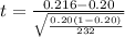 t =  \frac{ 0.216 - 0.20 }{ \sqrt{ \frac{ 0.20 (1- 0.20 )}{ 232} } }