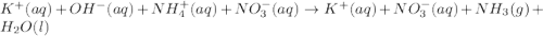 K^+(aq)+OH^-(aq)+NH_4^+(aq)+NO_3^-(aq)\rightarrow K^+(aq)+NO_3^-(aq)+NH_3(g)+H_2O(l)