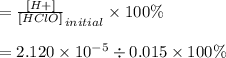 = \frac{[H+]}{[HClO]}_{initial} \times 100\%\\\\= 2.120 \times 10^{-5}\div0.015 \times 100\%