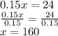 0.15x=24\\\frac{0.15x}{0.15} =\frac{24}{0.15} \\x = 160
